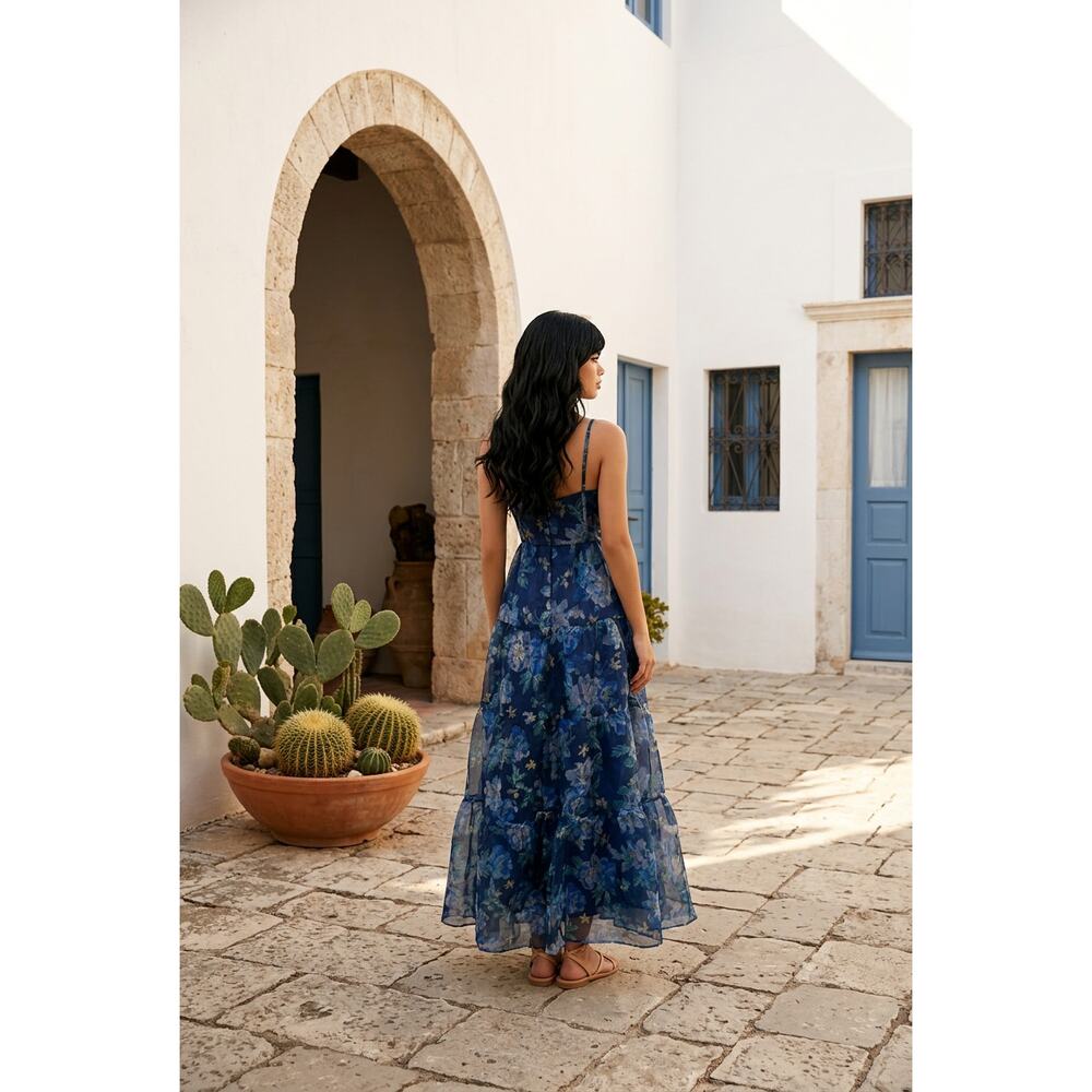 Lulus Blue Floral Organza Tiered Maxi Exclusive Glamour Dress Size S - Picture 8 of 9